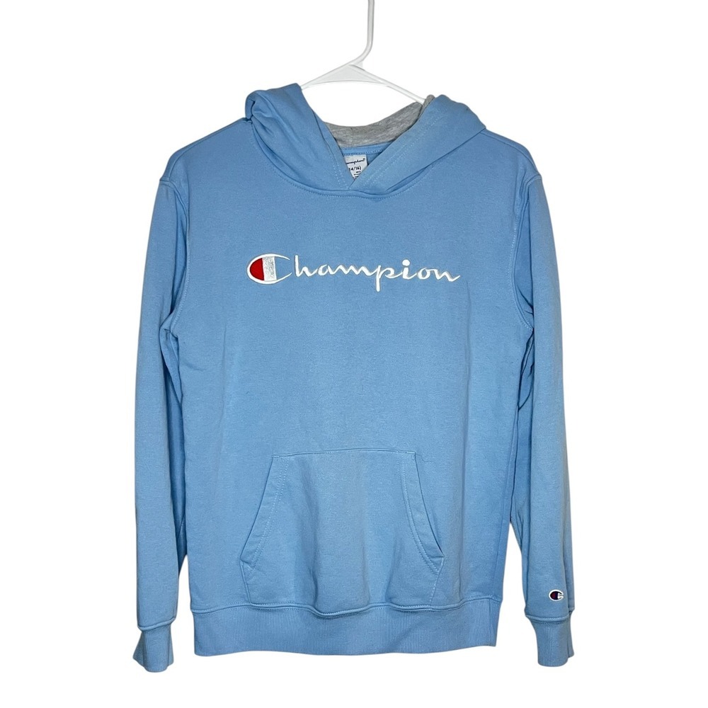 Champion Pullover Hoodie Kids Light Blue Embroidered Logo Fleece - L (14/16)